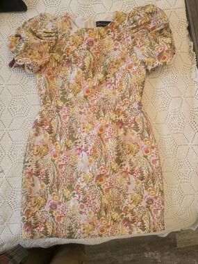 Floral Puff-Sleeve Mini Dress in Cream, Pink & Green